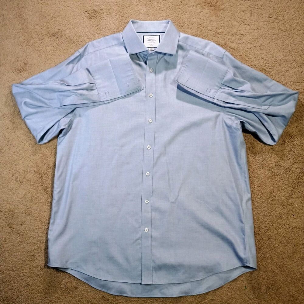 Charles Tyrwhitt Dress Shirt Size 17/35 Sky Blue Non-iron Richmond Weave Cutaway
